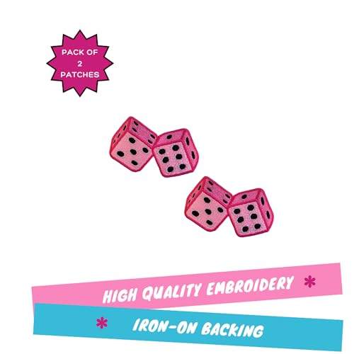 Pink Dice Patch, 3” x 2”, 2-Pack, Embroidered Iron-On for Hats, Bags, Jackets - color: Dice - Pink