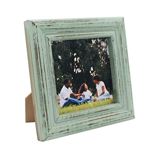 CVHOMEDECO. 4x4 Picture Frame Made of Solid Wood High Definition Glass Rustic Antique Designs Small Photo Frame for Tabletop Display and Wall Mounting, Distress Teal - color: Distress Teal B, size: 4" X 4"