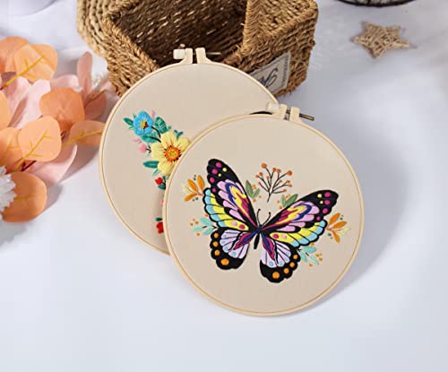 Konrisa Embroidery Kits with Butterfly Flower Pattern, Stamped Embroidery Starter Kit for Beginners Adults Needlepoint Kits Include Embroidery Fabric Embroidery Hoop Threads and Needles,Set of 2 - color: Butterfly02