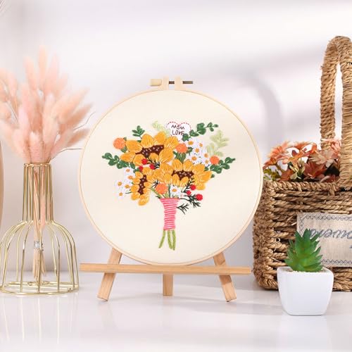 FONNUY Bouquet Flowers Embroidery Kit Love Mom for Beginners, Pre-Stamped Pattern Kits for Adults with Hoop, Easy to Follow Color Thread Needlework, 8'' Hoop (Sunflowers) - color: Sunflowers