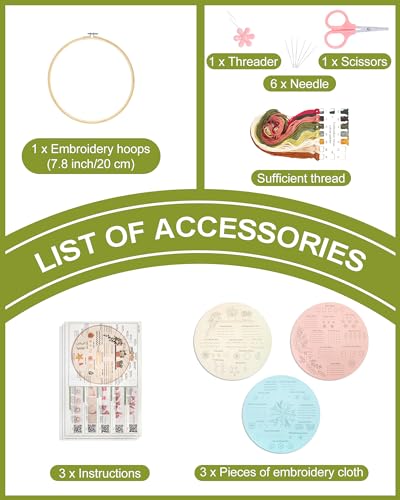 Santune 3 Sets Embroidery Kit for Beginners Adults,Learn Over 30 Different Stitches,DIY Cross Stitch Kits,Including Clear Instructions,Video Tutorials,Stamped Flower Patterns,Hoop,Color Threads,Tools - color: Simple Patterns