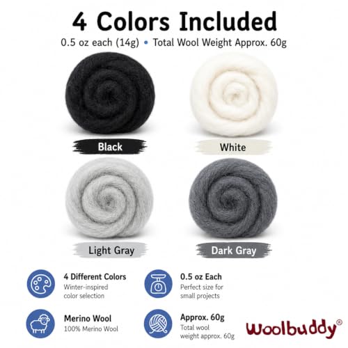 Woolbuddy Merino Wool Roving Kit for Needle Felting (Winter) 15g Per Color - color: Wool Bag Winter