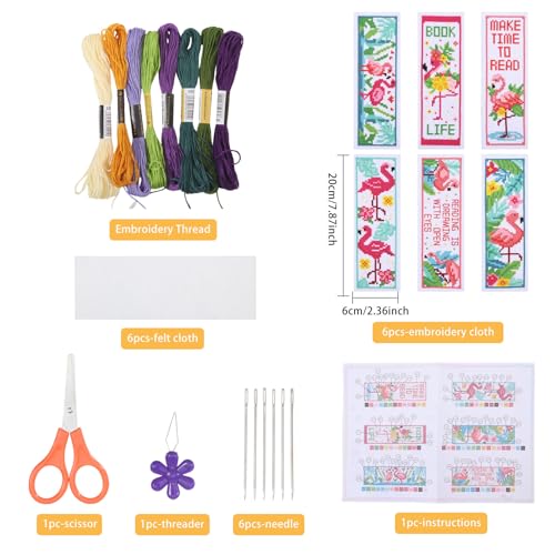 ORIGACH 6 Pcs Cross Stitch Bookmark Kit for Beginner Flamingo Bird Pattern Stamped Embroidery Stitch Kits for Starter DIY Bookmarks Printed Cross Stitch Kits for Book Lovers - style: Flamingo