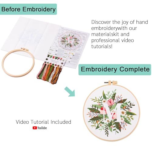Harimau Letter M Pattern Embroidery Kit for Adult Beginners, Complete Starter Pack with 1 Hoop, Needles, Instruction Guide & Embroidery Stitch Video Tutorials - color: M