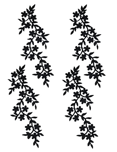4 Pieces 10x5inch Long Patch Flower Vine with Leaf Iron on Patch Embroided Applique for Garment Curtain Pillow Blanket Trimming Shoes Jeans Clothing Embelishments (Black) - color: Black