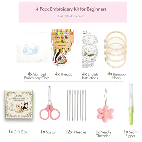 Peonfly Cat Embroidery Kit for Beginners, 4 Pack Stamped Embroidery Starter Kit with 4 Hoops, 9 Stitch Types Practice Sampler, Animal Floral Wall Hanging Decor, Mothers Day Birthday Gift (Box 4pcs) - style: Box 4pcs