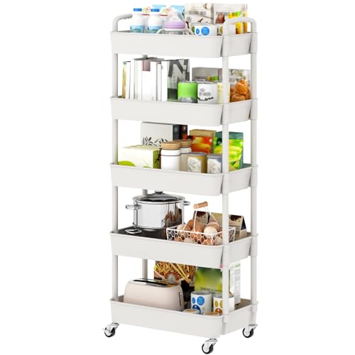 Sywhitta 5-Tier Plastic Rolling Utility Cart with Wheels for Storage,White - color: White, size: 5-tier