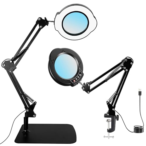 15X Magnifying Glass with Light and Stand, 5 Color Modes 10 Levels Adjustable Brightness, 2-in-1 Desk Lamp with Clamp, Hands Free LED Light Magnifier for Craft Hobby Reading Repair Close Works