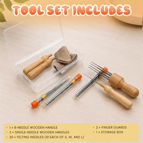 Needle Felting Kit with 8-Needle Tool & 3 Single-Needle Handles | 30 Barbed Felting Needles in 3 Sizes | Includes Finger Guards & Storage Case | Essential DIY Wool Felting Supplies for Crafters - color: Multi-color/39 pcs