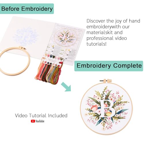 Harimau Letter B Pattern Embroidery Kit for Adult Beginners, Complete Starter Pack with 1 Hoop, Needles, Instruction Guide & Embroidery Stitch Video Tutorials - color: White B