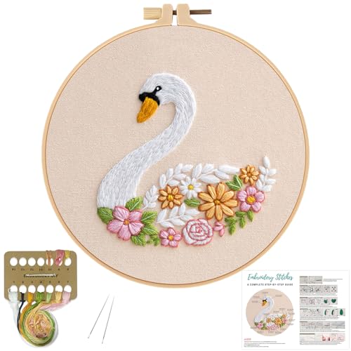 Louise Maelys Swan Floral Embroidery Kit for Beginners DIY Gift Set - color: Swan Flower
