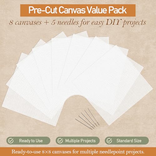 Kaitiaki 18 Mesh Needlepoint Canvas 8 x 8 Inch, 8 Pack 100% Cotton 18CT Blank White Sheets with 5 Needles, Boxed No-Fold Refill Pack for DIY Needlepoint Embroidery Crafts - color: White 18mesh-8x8 in