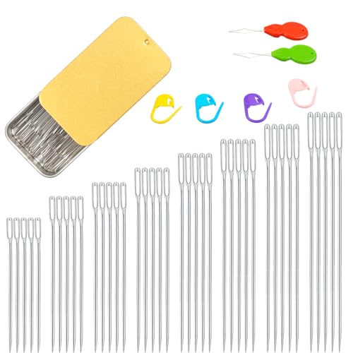 80pcs Large Eye Sewing Needles Set - 8 Sizes, Embroidery, Leather & Yarn Needles with Threaders & Stitch Markers (Golden 80pcs) - color: Golden 80pcs