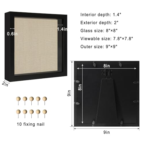 8x8 Shadow Box Picture Frame Display Case with Soft Linen Back, Black Wooden Memory Shadow Box Frame with Tempered Glass Cover for Wall or Tabletop Display - color: Black, size: 8x8