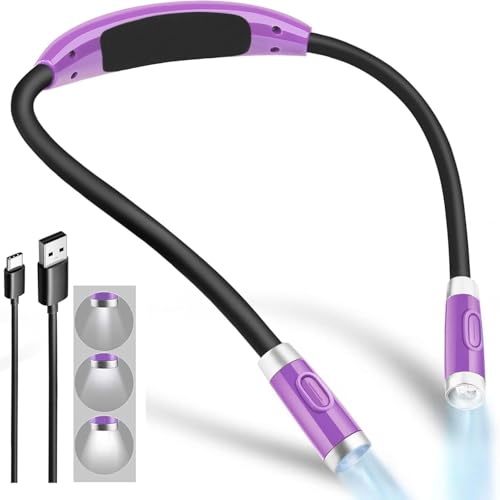 LED Reading Light, Rechargeable 4 LED Neck Book Light, Flexible Neck Lamp for Reading in Bed or Car with Adjustable Brightness, Ideal for Bookworms Kids Crafts Knitting Travel or BBQ (Purple)
