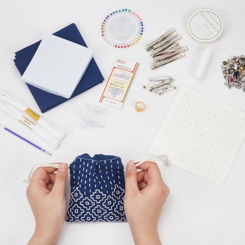 INFUNLY 3 Set Sashiko Drawstring Bag Kits Sashiko DIY Tote Bag Kit Flower Sashiko Fabric Kit for Beginners Make Your Own Tote Bag with Thread Needles Hand Sewing Set for Adults - style: Simple pattern
