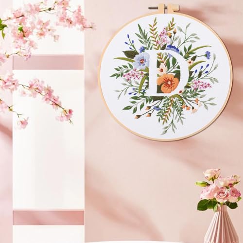 IUHUI Embroidery Kit for Beginners Adults - 26 Floral Letters Easy Patterns, DIY Hand Stitching Embroidery Set with Hoop (Flower and Grass Letter D) - color: Flower and Grass Letter D