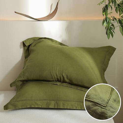 Simple&Opulence 100% French Linen Pillowcases with Embroidery – Pack of 2, Washed Solid Color Natural Flax, Soft & Breathable - Olive, 20'' x 26'' - color: Olive, size: Queen