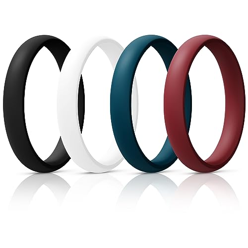 Egnaro Women's Silicone Wedding Ring 2.5mm Wide 1.8mm Thick Rubber Band Set - color: SETQ-Black, White, Navy Blue, Chestnut