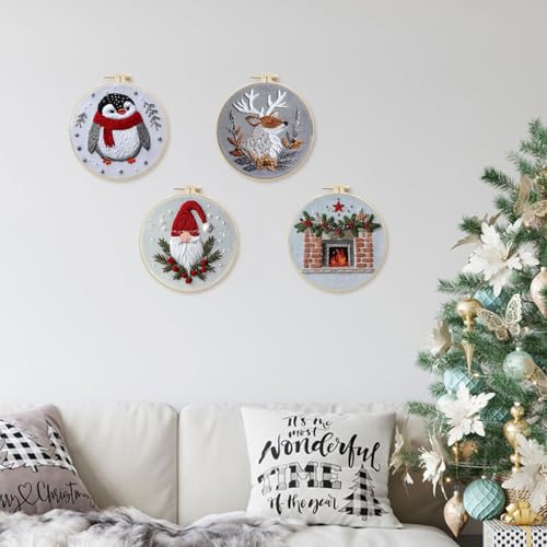 LB Christmas Gnome Embroidery Kit for Beginners: 4-Piece Cross Stitch Set with Penguin, Deer, Green Plant & Fireplace | Adults DIY Starter Kit Includes Hoop, Threads, Tools and Instructions - color: Grey