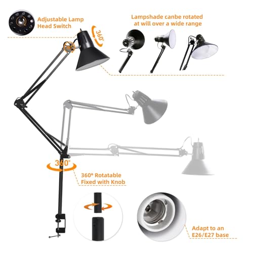 Black Desk Lamp with Clamp, Extra-Tall Adjustable Metal Swing Arm, 2 Pack - color: Black, size: 2pack5000K Natural Daylight-Extra Long Swing Arm