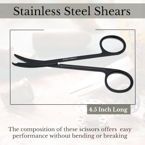 Small Scissors all Purpose, Sharp Mini Detail Craft Shears with Precision Angled One Hook Tip Design, Ideal for Thread Cutting, Sewing, Knitting, Embroidery, Stainless Steel Snips (Black - 4.5") - color: Black - 4.5"