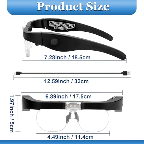 Headband Magnifying Glass, Rechargeable Head Magnifier Glasses with 2 LED Lights, 4 Detachable Lenses (1.5X-2.5X-3.5X-5X) for Reading, Jewelry Crafting, and Precision Work