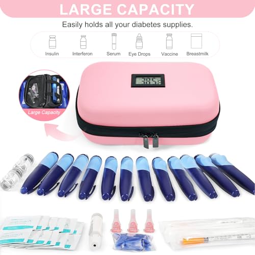 Insulin Cooler Travel Case TSA Approved 2*180g Ice Pack,Temp Display - color: Pink