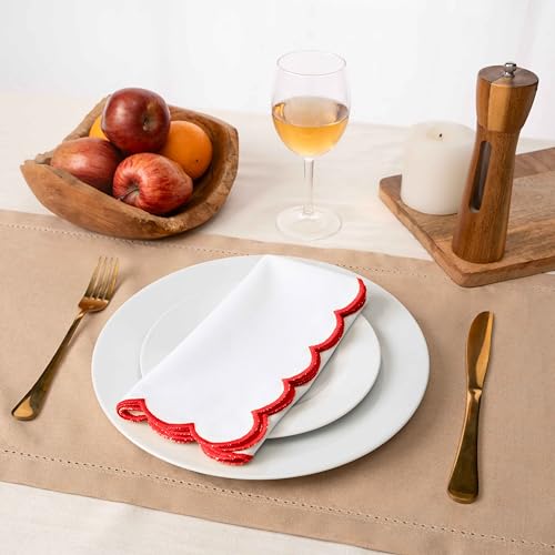 Blue Needles Cotton Scalloped Embroidery Cloth Napkins 17X17Inch - Set of 4 - color: White(edges - Red)