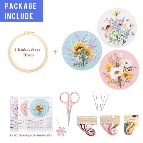 LB Sunflower Floral Embroidery Kit for Beginners Adults, 3 Sets Hand Embroidery Starter Kit with Flower Pattern and Instructions Stamped Cross Stitch Kits Include Embroidery Hoop Needles Threads - color: Pink