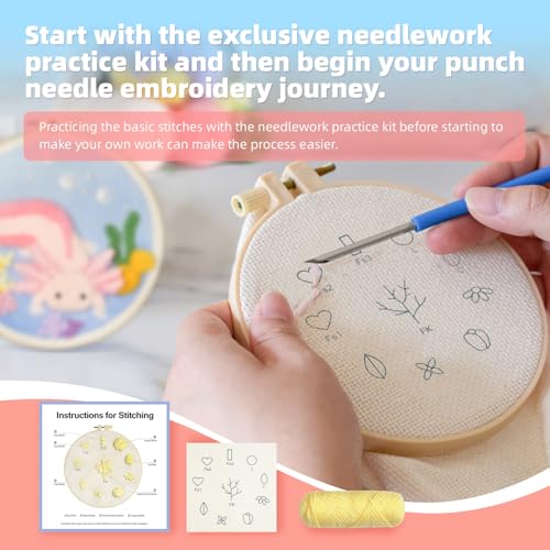 Punch Needle Kits Adults Beginner,Punch Needle kit for Beginners, Embroidery kit for Beginners,Includes All Tools and Materials,Easy to Follow Instructions and Videos-(Axolotl+Octopus)
