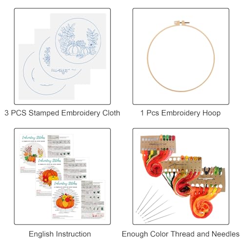 Louise Maelys 3 Set Embroidery Kit for Beginners with Pumpkin Harvest - color: pumpkin flower