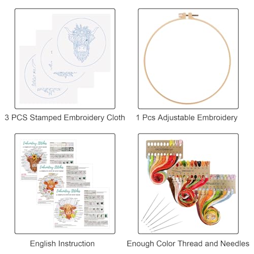 Louise Maelys 3 Set Highland Cow Embroidery Kit for Beginners Floral - color: highland cows