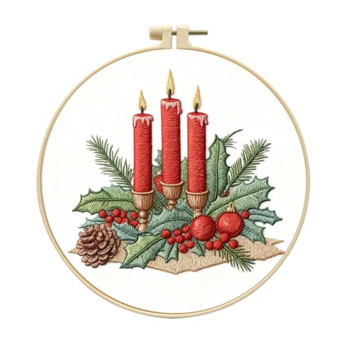 Zhenqing Christmas Candle Embroidery Kit for Beginners, Red Candle Holly Berry Needlework Kit with Pre-Printed Fabric, Hoop, Threads & Tools (C0145) - color: Christmas Red Candle