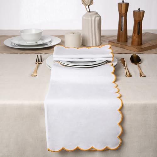 Blue Needles Cotton Scalloped Embroidery Cloth Napkins 17X17Inch - Set of 4 - color: White(edges - Golden Yellow)
