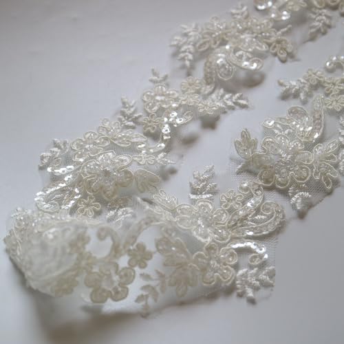 6cm*2yards Ivory White Luxury Beaded Embroidery Flower lace Appliques for Wedding Dresses Rhinestone Applique Patches Embroidery lace parches ropa (Off White Color)… - color: off white color