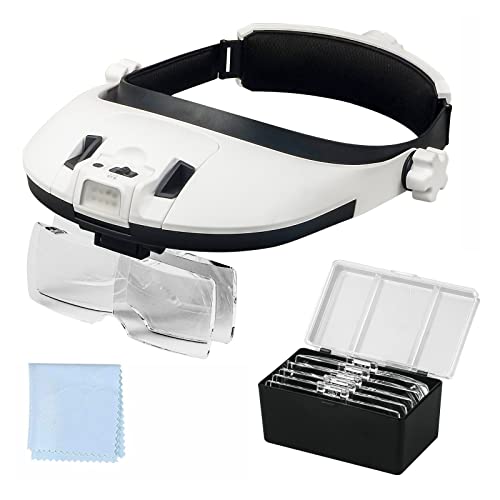 Large Lens Head Magnifier Headband Magnifying Glass with Light Hands free 8 LED Magnifier with White and Yellow Light for Close Work, Crafts, Hobby, Reading, Repairing, Sewing, Jewelry