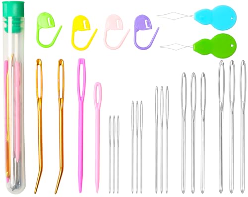Hekisn 25Pcs Large Eye Blunt Yarn Needles kit, Assorted Sizes Bent Tapestry Darning Needle, Sewing Needles with Needle Threaders & Stitch Markers for Knitting Crochet (Green) - color: Green