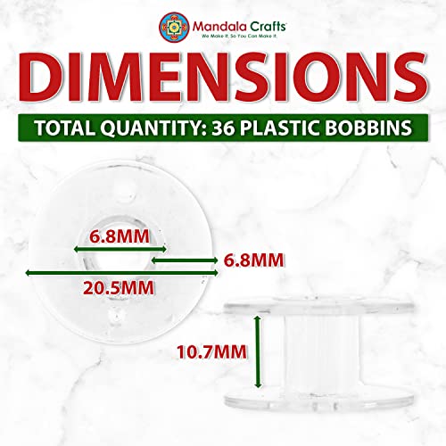 Mandala Crafts Empty SA156 Bobbins for Brother Sewing Machine, 36 Clear Plastic Class 15j Bobbins Compatible with Singer, Kenmore, Bernina, Janome, Elna - color: Transparent, size: Size A 36 Rolls