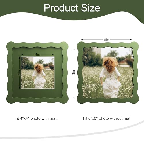 6x6 Picture Frame with Mat for 4x4, Wavy Edge Wooden Real Glass Photo Frame for Tabletop and Wall Hanging, Green, 1 Pack - color: Green, size: 6x6 in