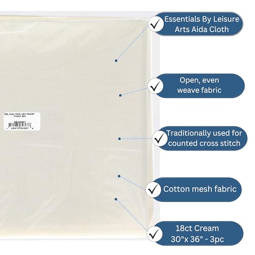 Essentials By Leisure Arts Aida Cloth, 18 Count, Cream, 3 pc, Bulk, Cross Stitch Fabric, Embroidery Fabric, Cross Stitch Supplies for Crafting, Stitching, and Sewing Projects 30X36 - color: Cream