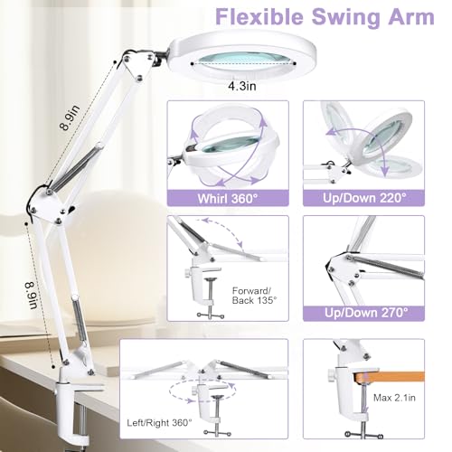 12X Magnifying Glass with Light and Clamp, Real Glass Lens Lighted Magnifier, 5 Color Modes LED Dimmable Desk Lamp Hands Free for Jewelry Crafts Hobby Painting Close Work, White - color: White, size: 12X 17.8inch Clamp