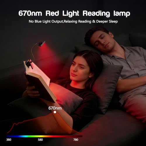 670nm Red Light Reading Lamp,Rechargeable Clip Book Light, 3 Color Modes, Touch Dimming, No Blue Light, Portable Cordless Reading Lamp for Bedroom Office Students (Black)