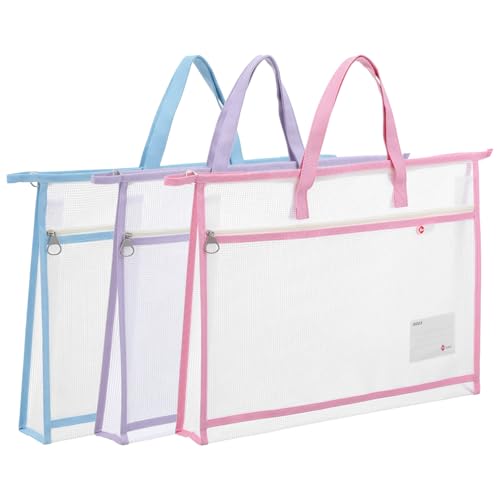 3 Pcs Project Bag for Quilting Sewing Craft Storage for Quilter A3 Clear Mesh Design Art Supply Bag Artwork Storage Organize for Artwork Charts and Teaching Material (17.7×13 Inch)
