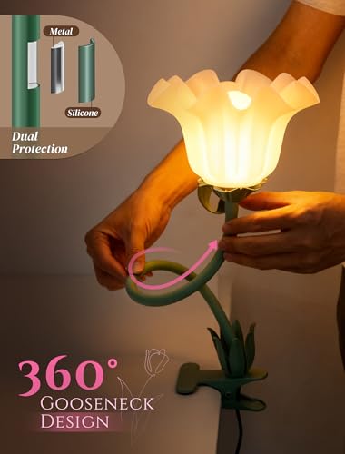 Clip On Flower Lamp for Bedroom, Aesthetic Bedside Reading Light with Flexible Gooseneck, 3 Color Modes Cute Desk Lamp Decor for Dorm Room, Headboard, Nightstand and Home Office - color: Green-02)