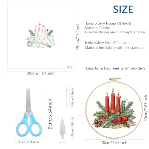 Zhenqing Christmas Candle Embroidery Kit for Beginners, Red Candle Holly Berry Needlework Kit with Pre-Printed Fabric, Hoop, Threads & Tools (C0145) - color: Christmas Red Candle