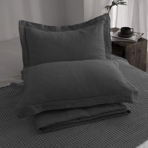 Simple&Opulence 100% Linen Duvet Cover Set with Embroidery Border Washed - 3 Pieces (1 Duvet Cover with 2 Pillow Shams) with Button Closure Soft Breathable Farmhouse - Dark Grey, Full Size - color: Dark Grey, size: Full