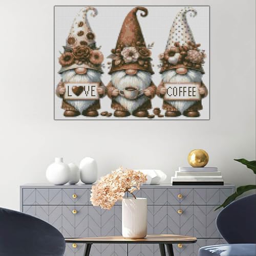 Stamping Cross Stitch Kit Gnome and Flowers, Counting Cross Stitch Kit for Adult Beginners Coffee, Full Line DIY Cross Stitch Stitching Kit for Home Decor Cross Stitch Patterns 15.7x11.8inches - color: D023