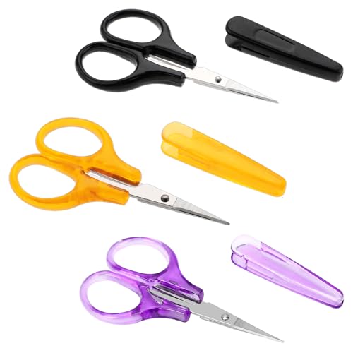 3Pcs Small Scissors All Purpose Craft Scissors Stainless Steel Scissors with Protective Cover Mini Detail Craft Scissors Precision Straight Fine Tips Design for Paper Cutting,Scrapbooking, Sewing - color: Black,yellow,purple