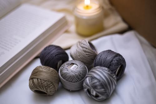 6 Balls Premium Pearl Cotton Embroidery Thread Size 8 | 100% Egyptian Cotton Crochet Yarn | Cross Stitch Embroidery Yarn | Oeko TEX Certified | 10 Grams per Ball (Grey Tones) - color: Grey Tones